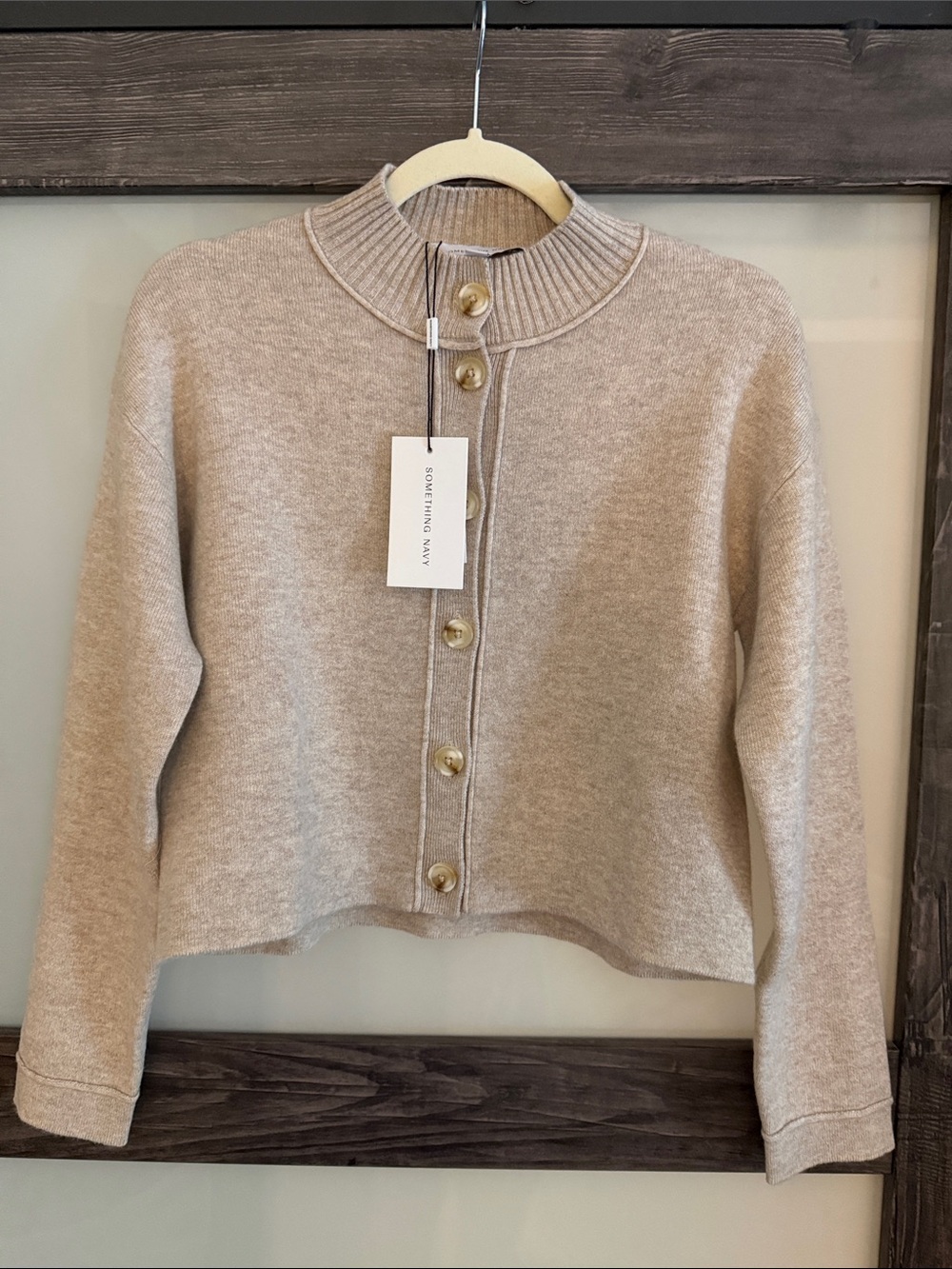 $195 NWT Something Navy Taupe wool cashmere Mock-Neck Cardigan xxs